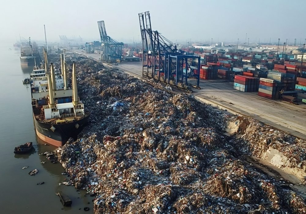 Cargo ships are docked next to a large pile of garbage polluting the water at a port, illustrating environmental damage caused by global trade