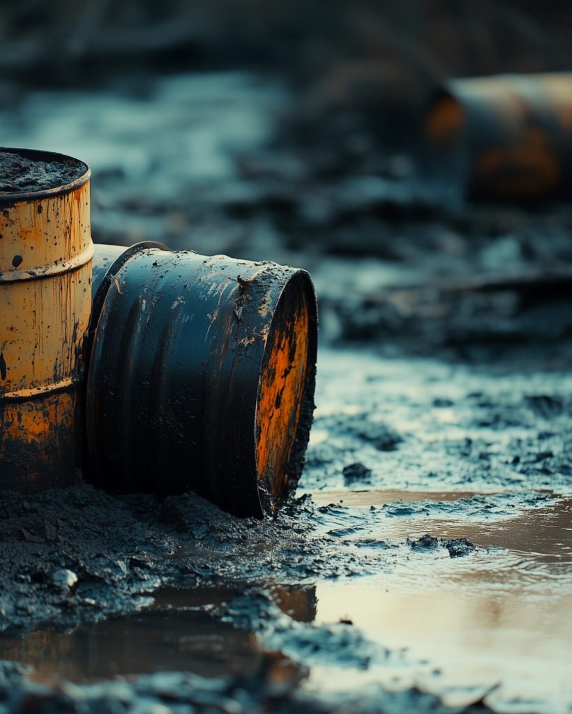 Rusting barrels leaking toxic waste into a muddy wetland, emphasizing the environmental degradation, AI generated